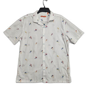 Tori Richard Bird Print Cotton Button Up Men's Sz Large White Embroidered McCaws